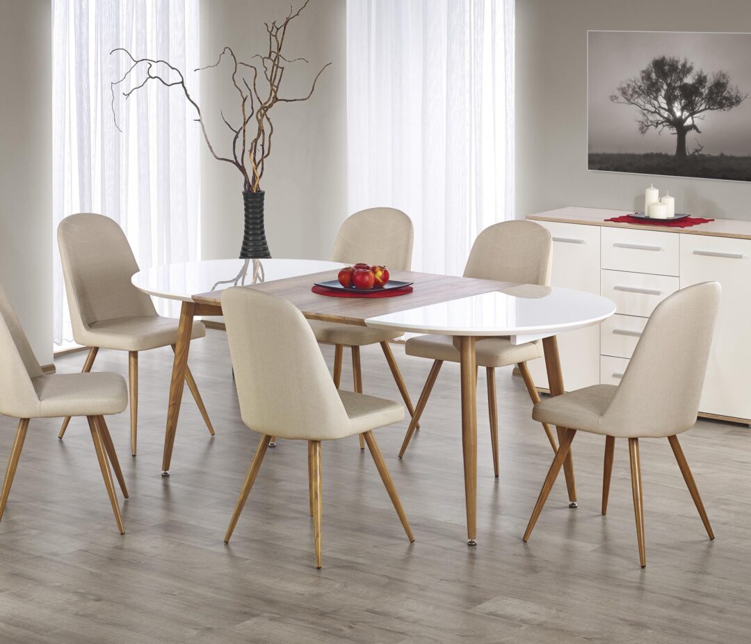 EDWARD bővíthető étkezőasztal, kerek, szín: méz tölgy/fehér