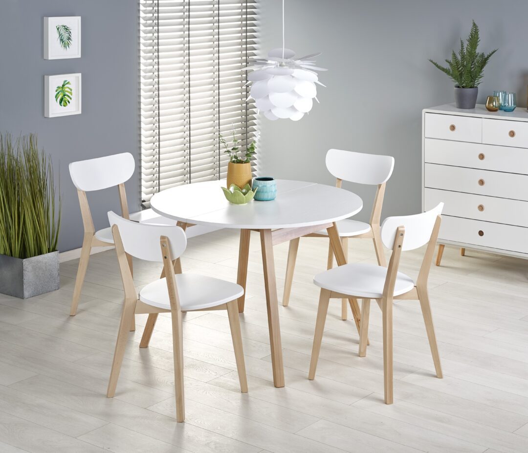 RUBEN bővíthető étkezőasztal, kerek, szín: fehér/méz tölgy