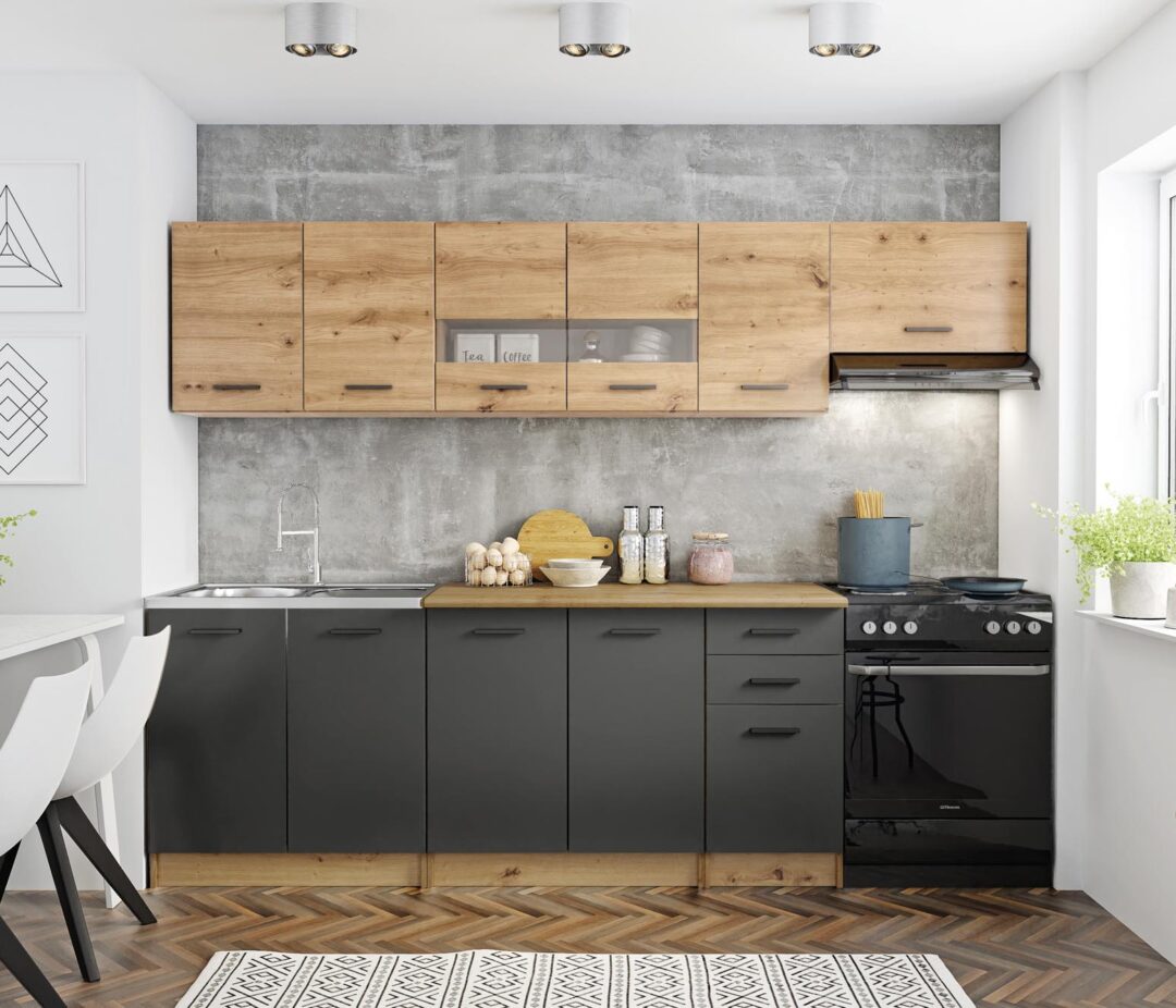 PERLA 260 blokk konyha, korpusz: artisan tölgy, front: artisan tölgy/sötétszürke