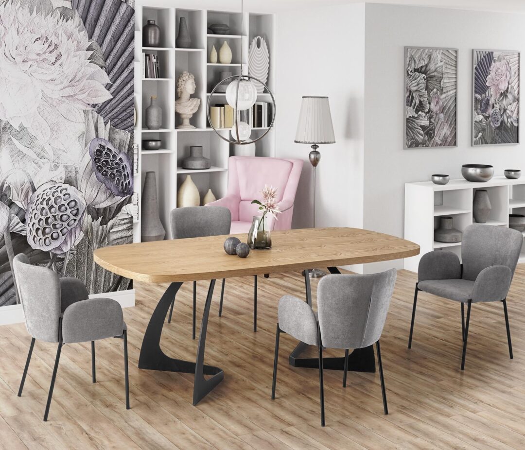 VELDON bővíthető étkezőasztal, téglalap alakú, szín: természetes tölgy/fekete