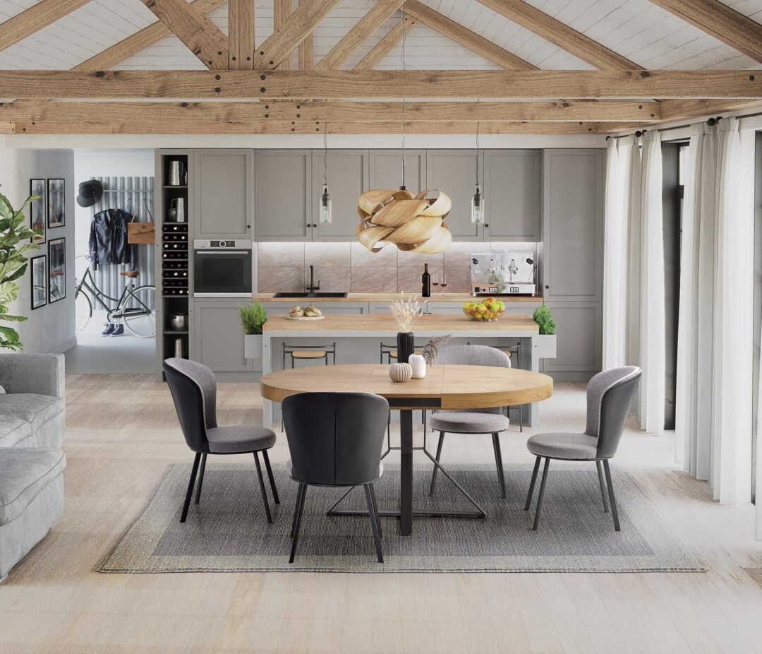 MERCY bővíthető étkezőasztal, kerek, szín: arany tölgy/fekete