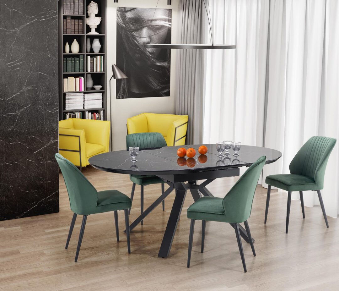 VERTIGO bővíthető étkezőasztal, kerek, szín: fekete márvány/fekete