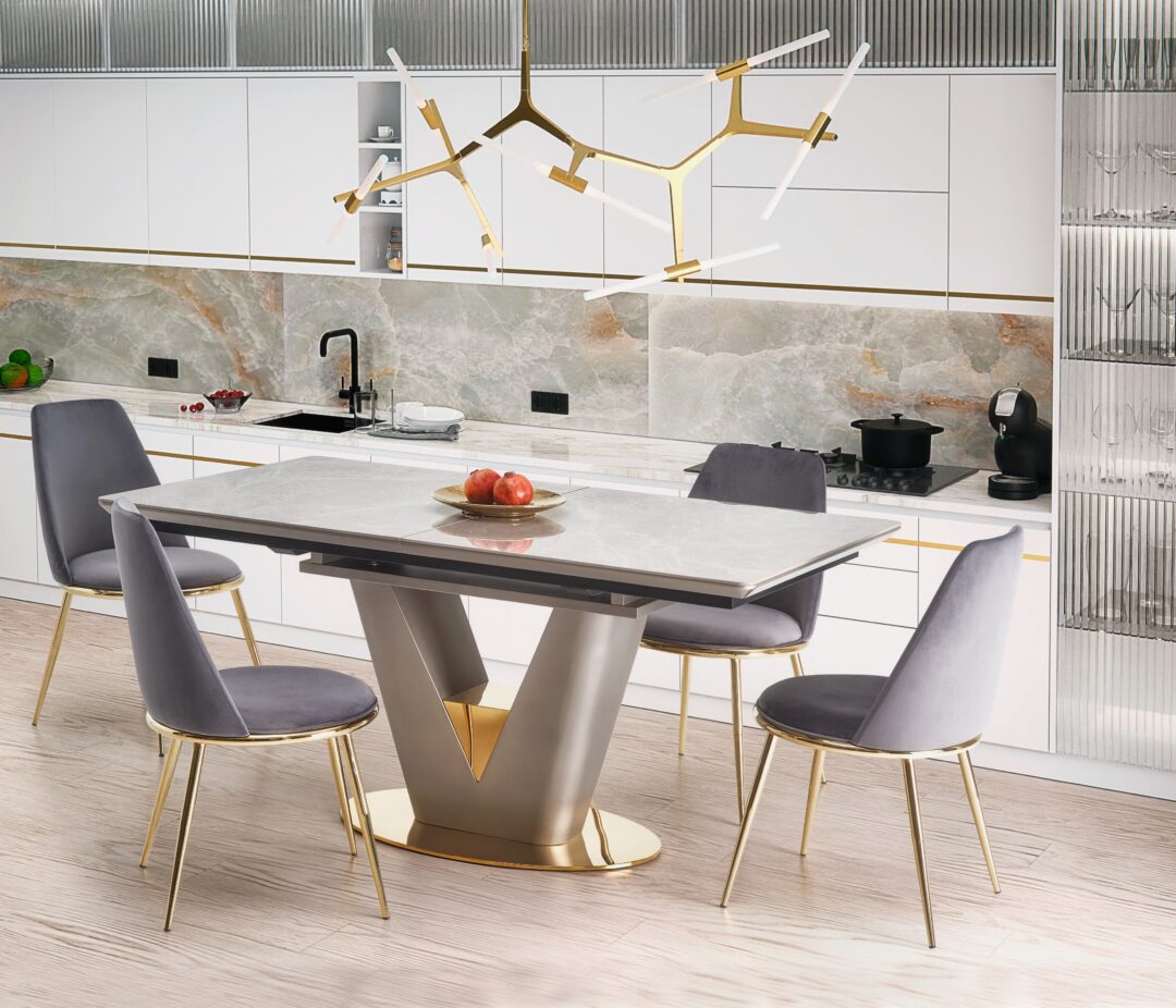 VALENTINO bővíthető étkezőasztal, téglalap alakú, szín: világosszürke/arany