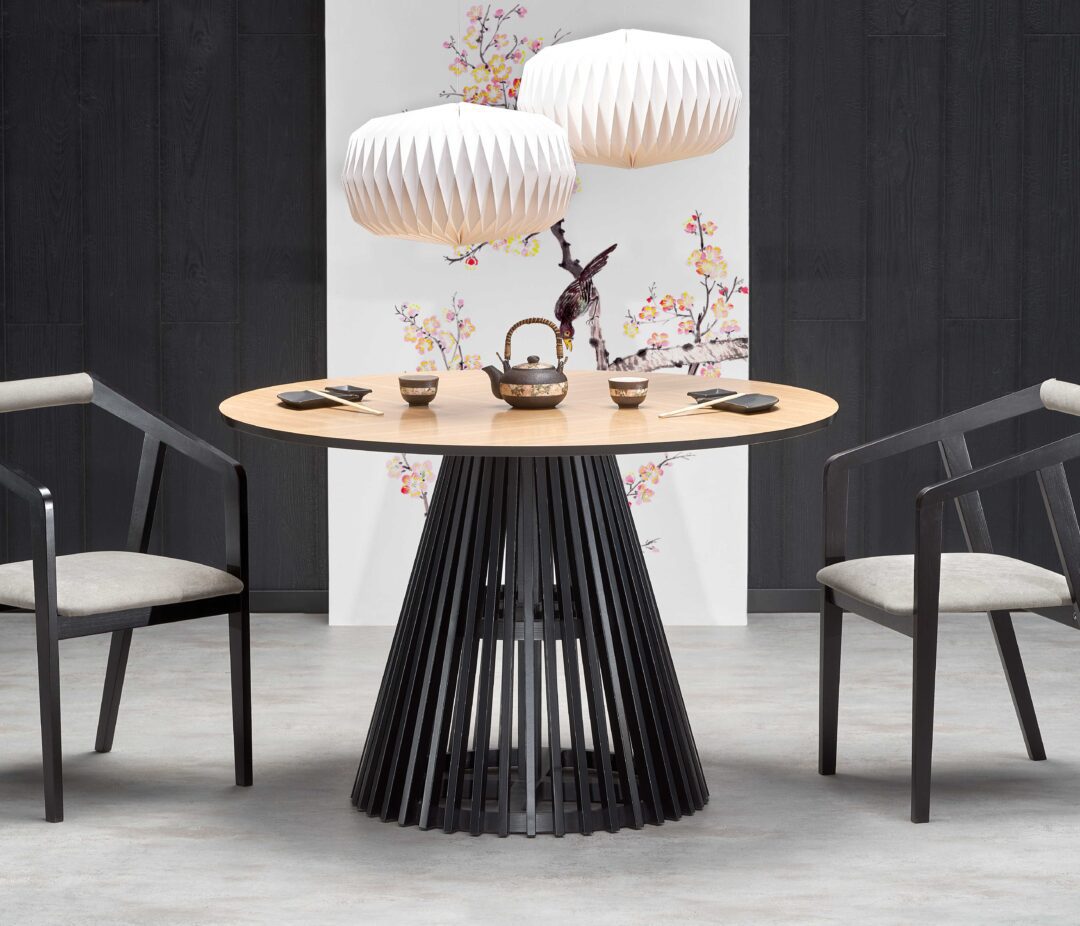 MIYAKI asztal, kerek, szín: természetes tölgy/fekete