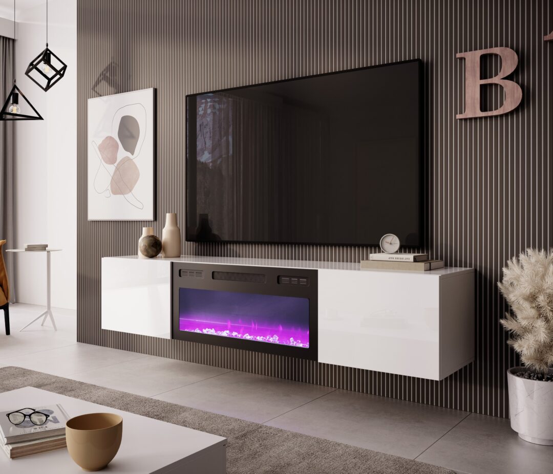 LIVO RTV-180W-K függő TV szekrény, beépített kandallóval, szín: fehér