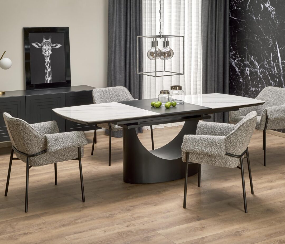 OSMAN bővíthető étkezőasztal, téglalap alakú, szín: fehér márvány/fekete