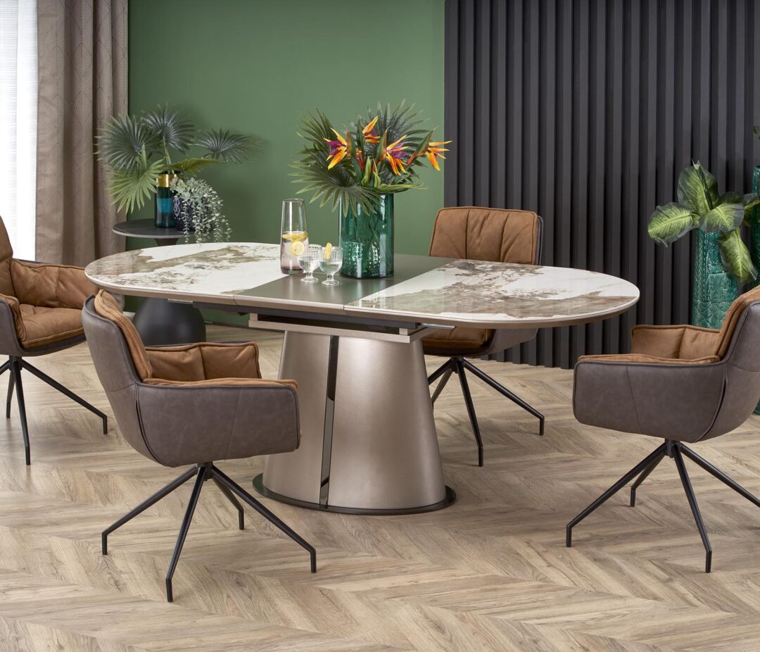 ROBINSON bővíthető étkezőasztal, ovális, szín: világos márvány/kapucsínó