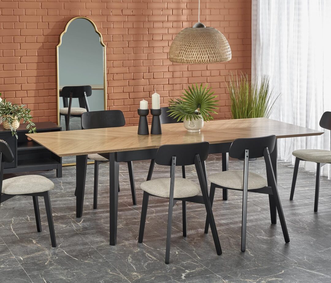 EDMONDO bővíthető étkezőasztal, téglalap alakú, szín: természetes tölgy/fekete