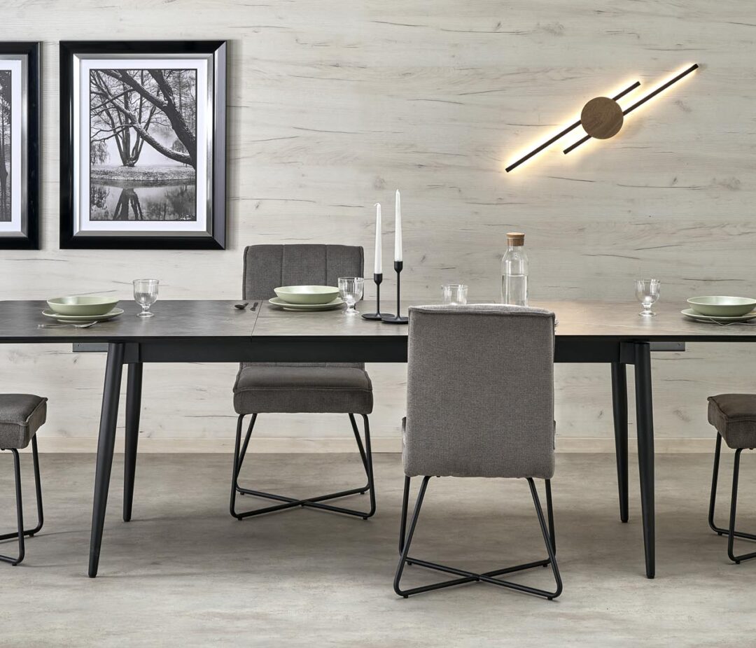 CHARLES bővíthető étkezőasztal, téglalap alakú, szín: szürke márvány/fekete