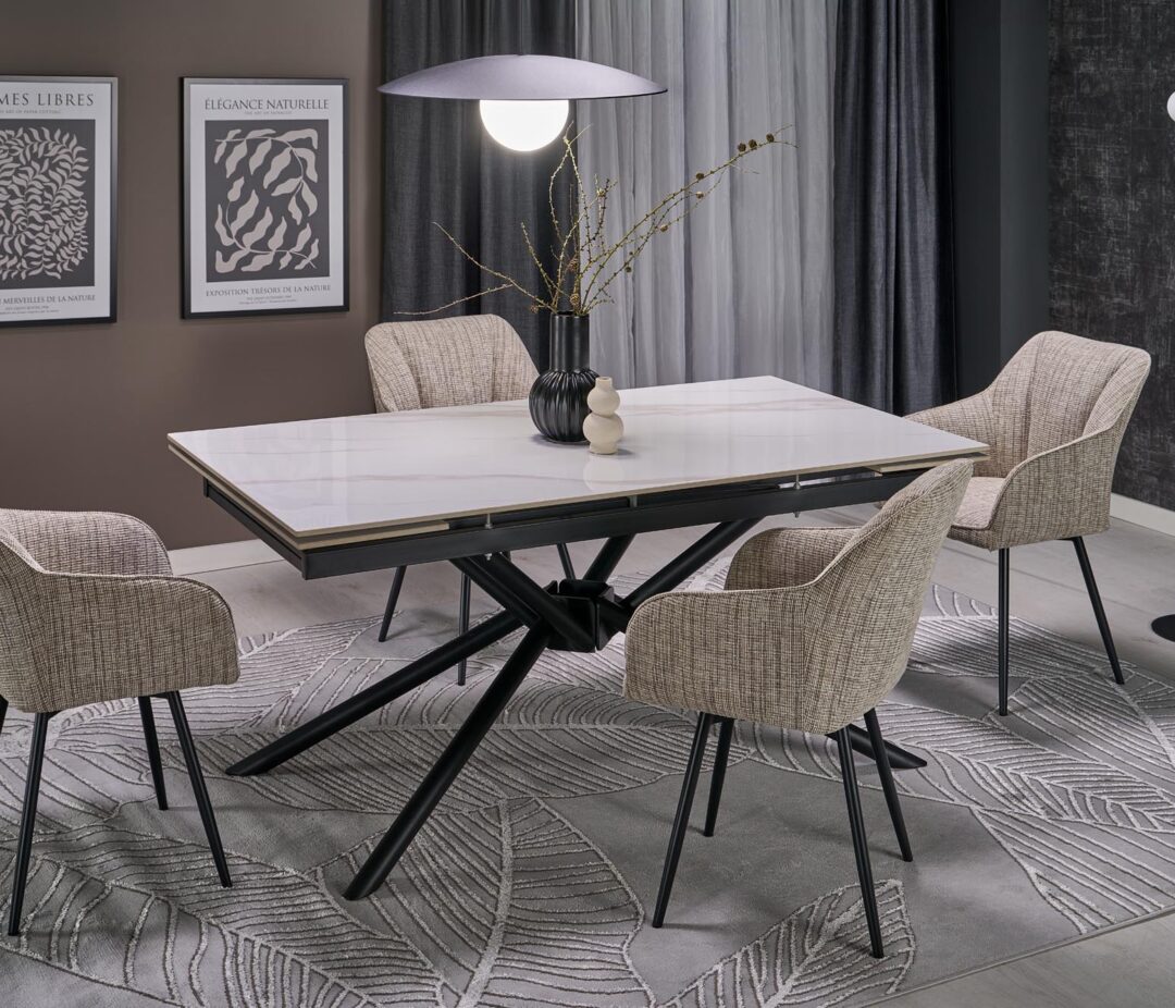 VITORINO bővíthető étkezőasztal, téglalap alakú, szín: fehér márvány/fekete