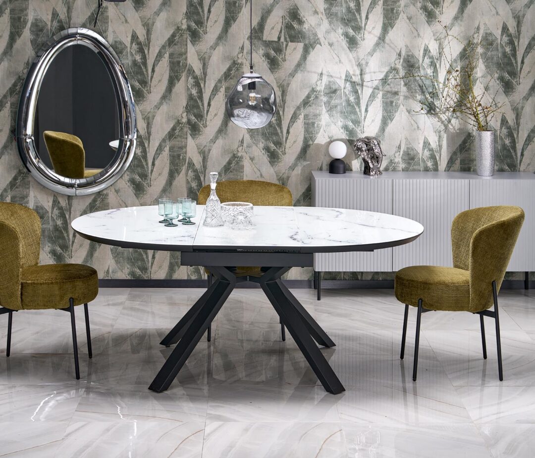 VERTIGO bővíthető étkezőasztal, téglalap alakú, szín: fehér márvány/fekete