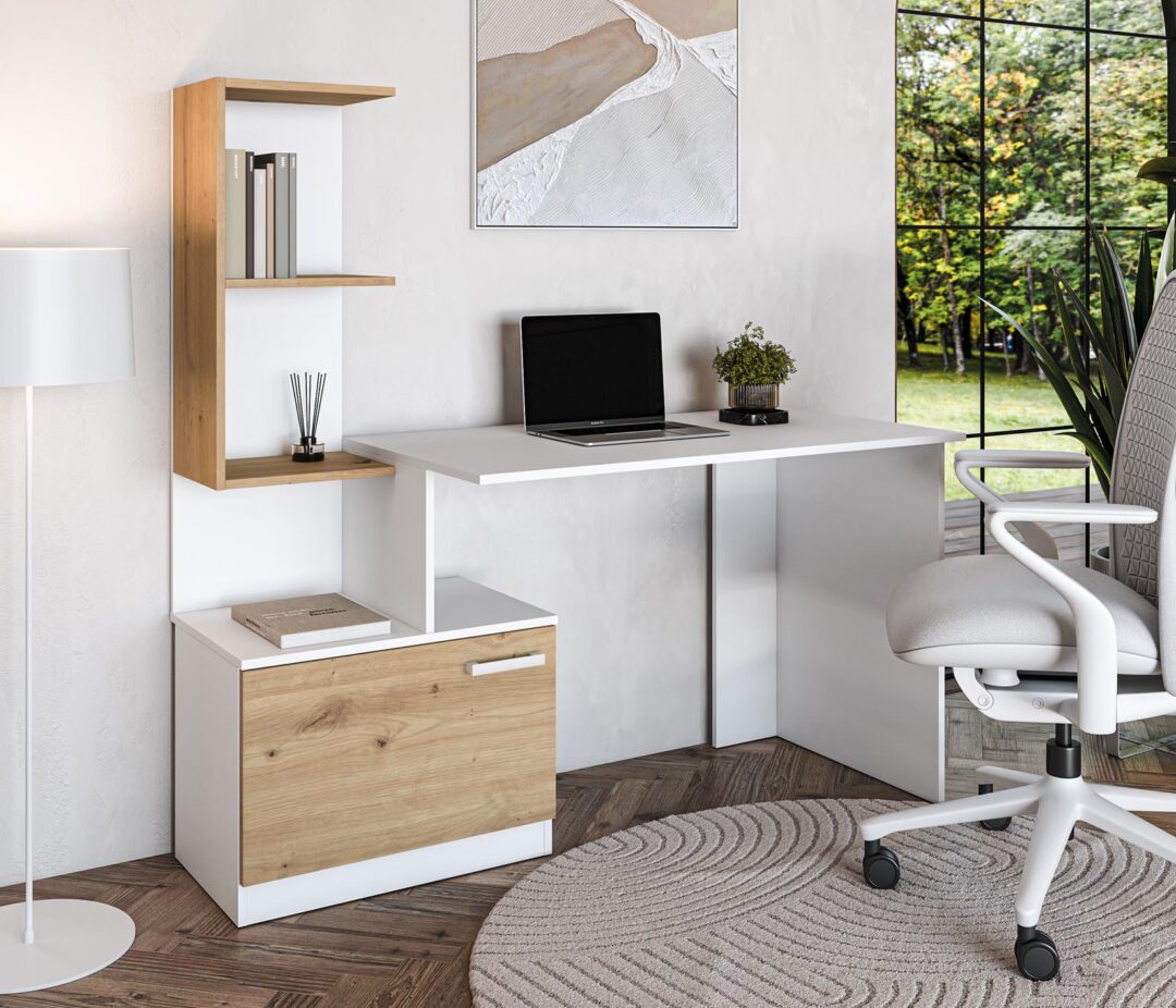 MISO íróasztal, szín: fehér/artisan tölgy