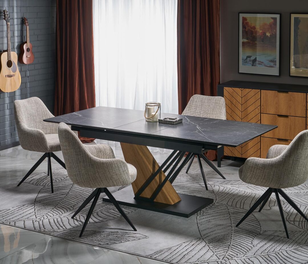 VOLANT 140 bővíthető étkezőasztal, téglalap alakú, szín: fekete márvány/arany tölgy/fekete