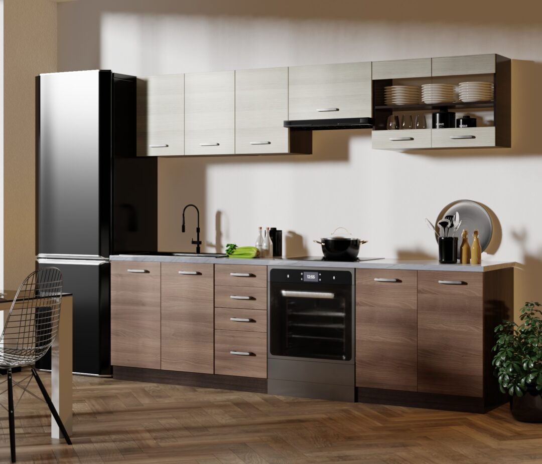 AMANDA 2 260 blokk konyha, korpusz: wenge, front: fahéj akác/navarra tölgy